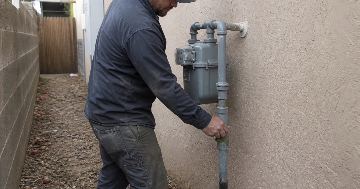 An installer closing a shutoff valve at a wall-mounted gas meter set