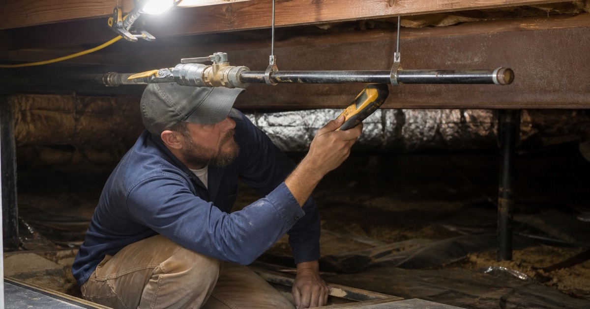 A technician sweeping a handheld combustible gas detector along an exposed pipe run