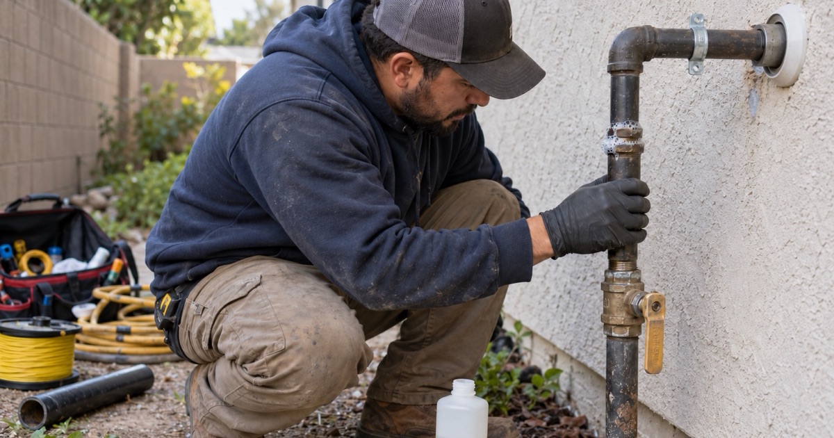 A technician brushing leak solution onto a threaded joint on an exterior gas riser