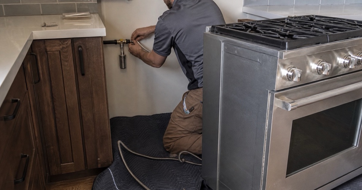 An installer connecting a flexible gas connector behind a pulled-out kitchen range