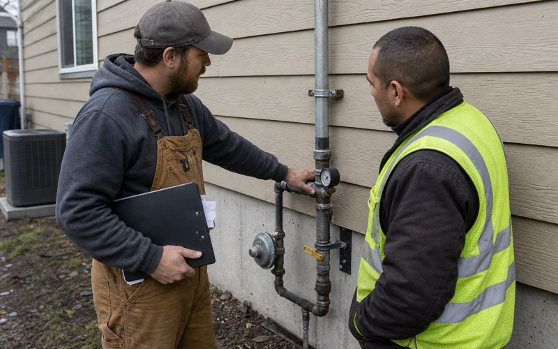 An inspector and a gas fitter reading a pressure gauge on a test assembly