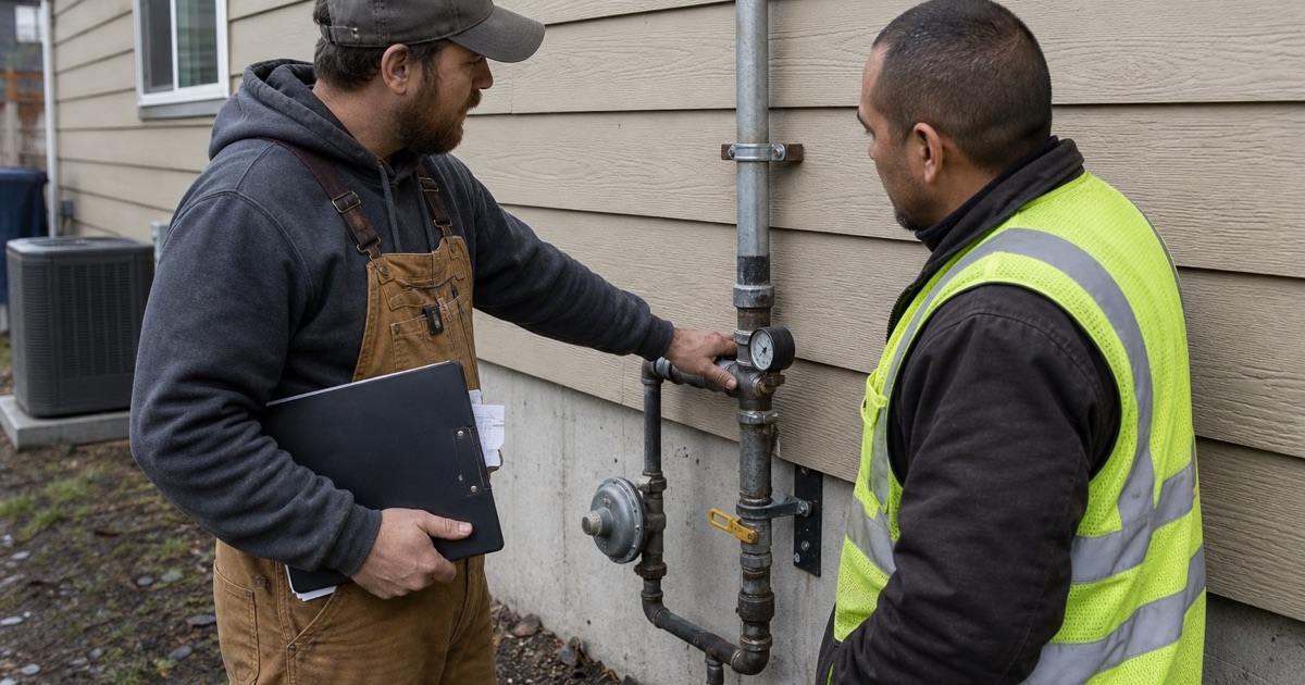 An inspector and a gas fitter reading a pressure gauge on a test assembly
