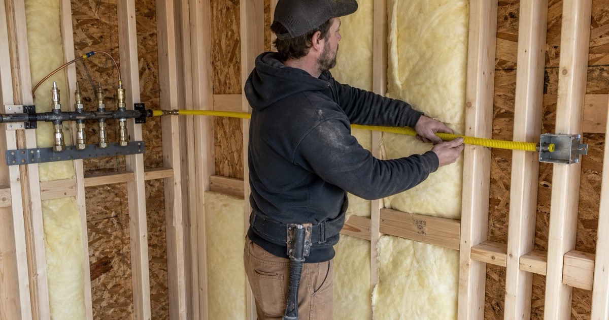 An installer routing new corrugated stainless steel tubing through drilled studs