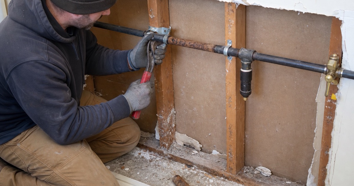 An installer cutting out a corroded section of black steel pipe at an exposed run