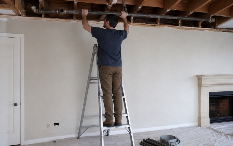 An installer removing original steel gas pipe from an open ceiling during a repipe