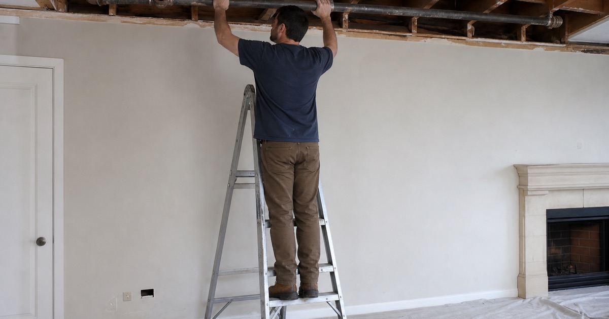 An installer removing original steel gas pipe from an open ceiling during a repipe