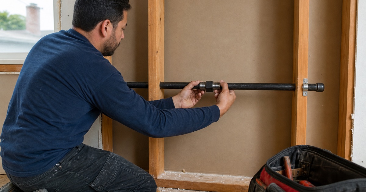 An installer tightening a threaded joint on black steel pipe at an open wall in a Santa Ana home