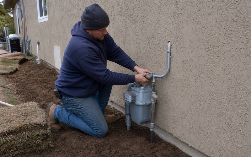 An installer working on the houseline at a relocated meter set assembly