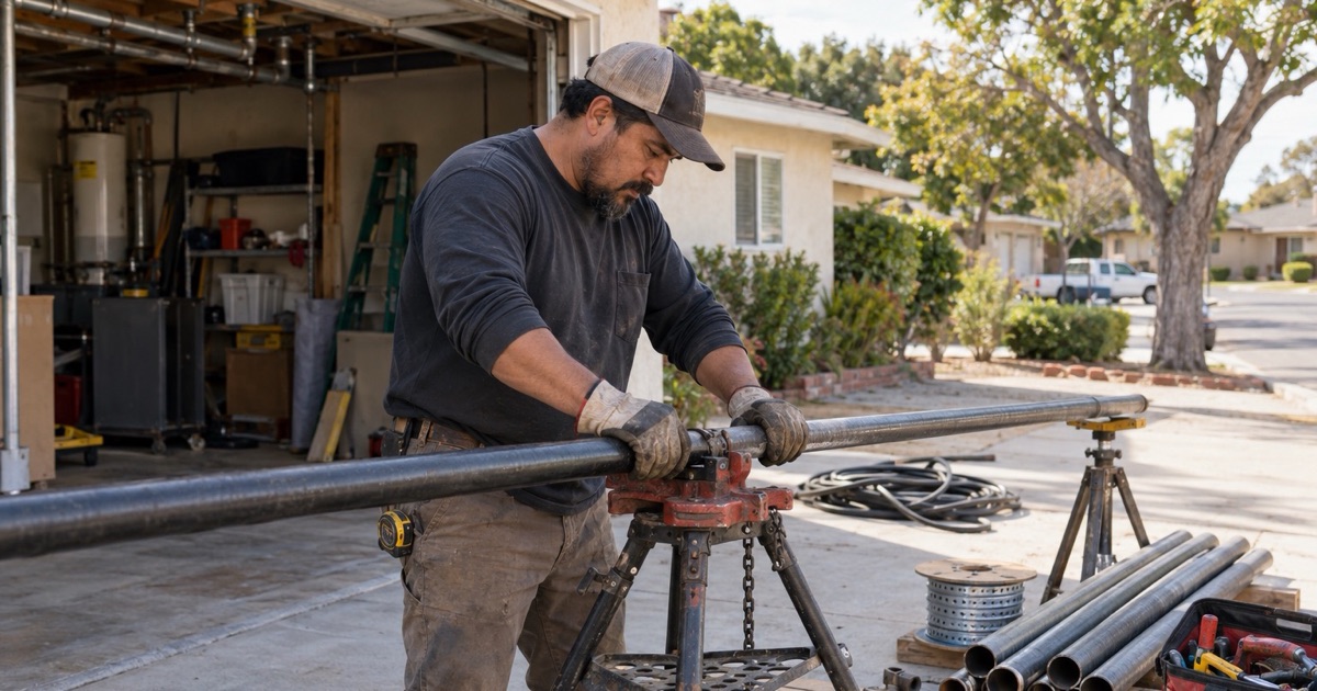 An installer working a length of new black steel pipe held in a pipe vise on a tripod stand