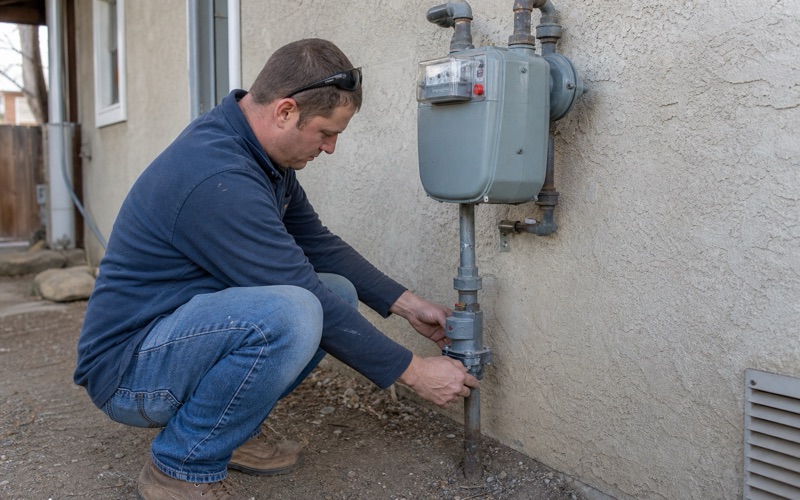 A technician resetting a seismic gas shutoff valve on the riser at a house meter