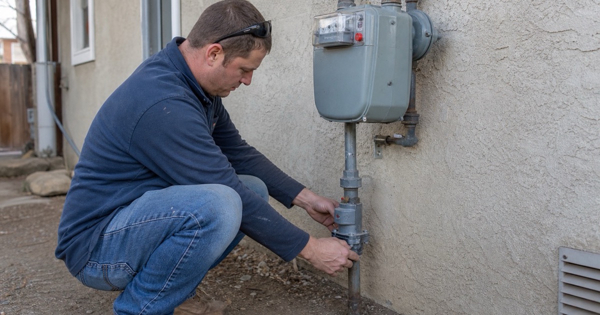 A technician resetting a seismic gas shutoff valve on the riser at a house meter