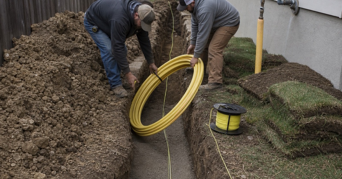 Two workers lowering polyethylene gas pipe into an open trench with tracer wire